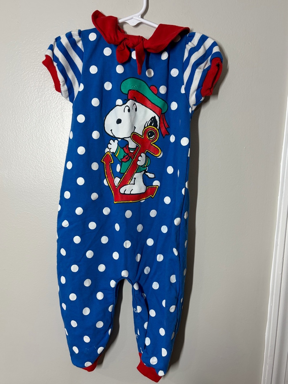 Vintage Snoopy Polka Dot Blue Kids One-Piece with Red Trim size 24 months